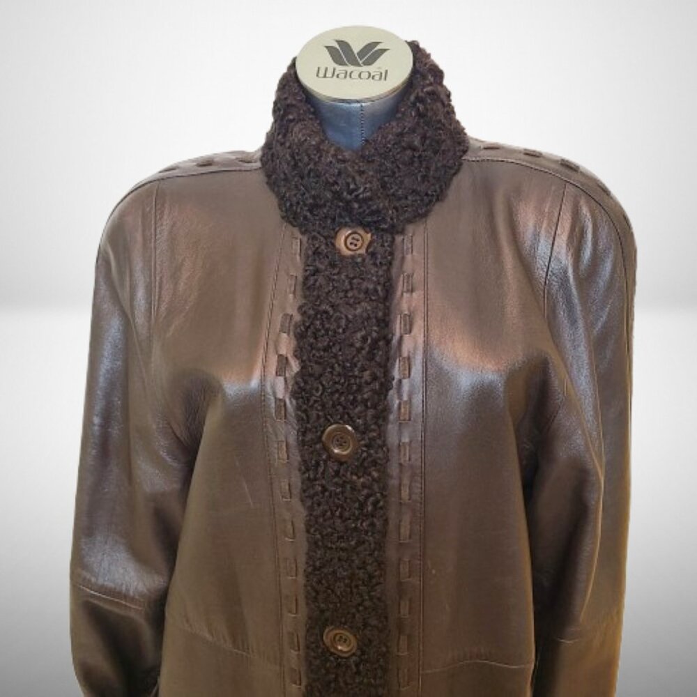 Stunning Saks Fifth Avenue Leather Coat with Fur Trim - Size 8 - Picture 2 of 12